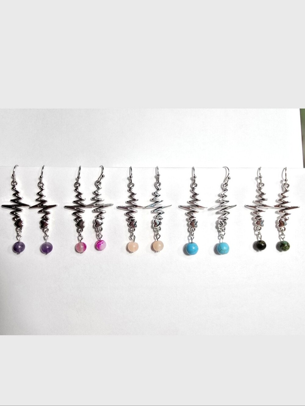 1 Pair Of Heartbeat EkG Pulse Drop Earrings Natural Colored Gem Stones